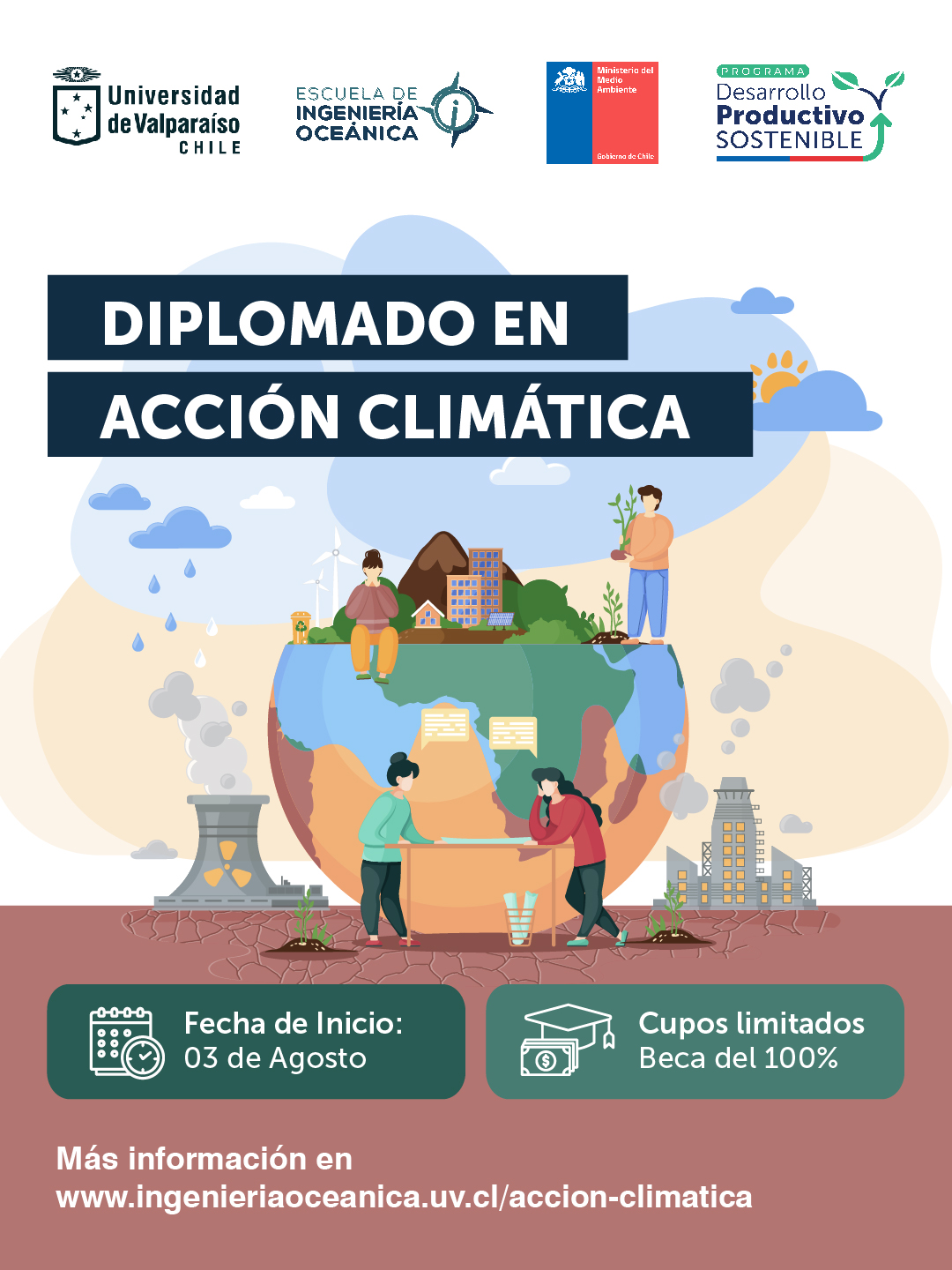 Afiche del diplomado en acción climática, muestra iconografía que representan el paso de los impactos negativos del cambio climático a un entorno adaptado.