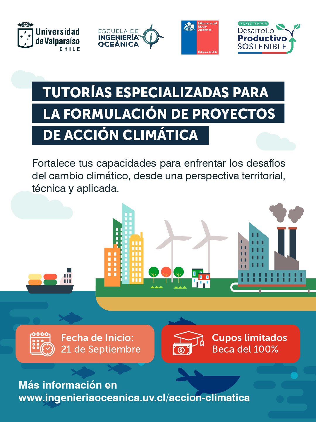 Afiche del diplomado en acción climática, muestra iconografía que representan el paso de los impactos negativos del cambio climático a un entorno adaptado.